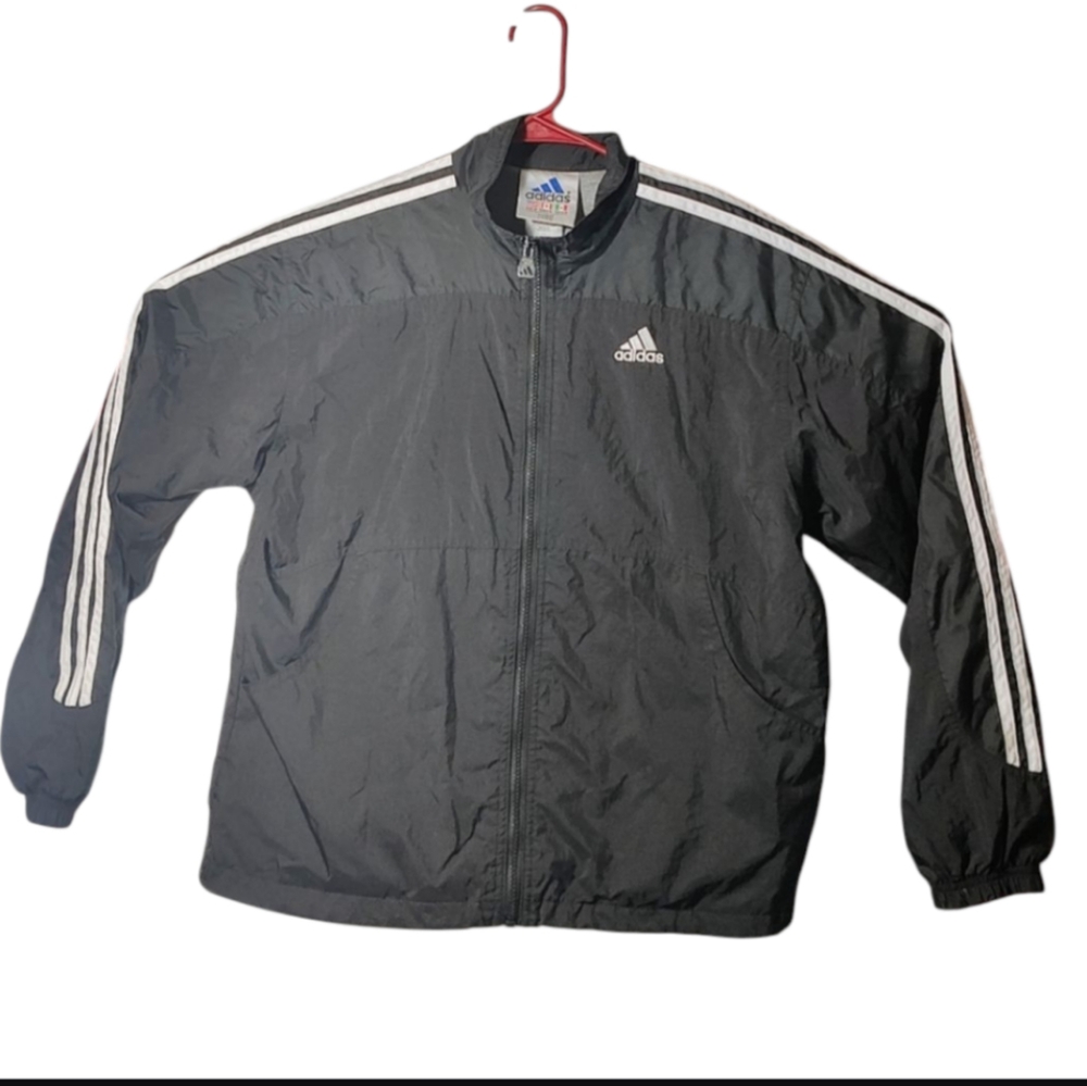 Adidas Vintage Men's Black Windbreaker with White Stripes.